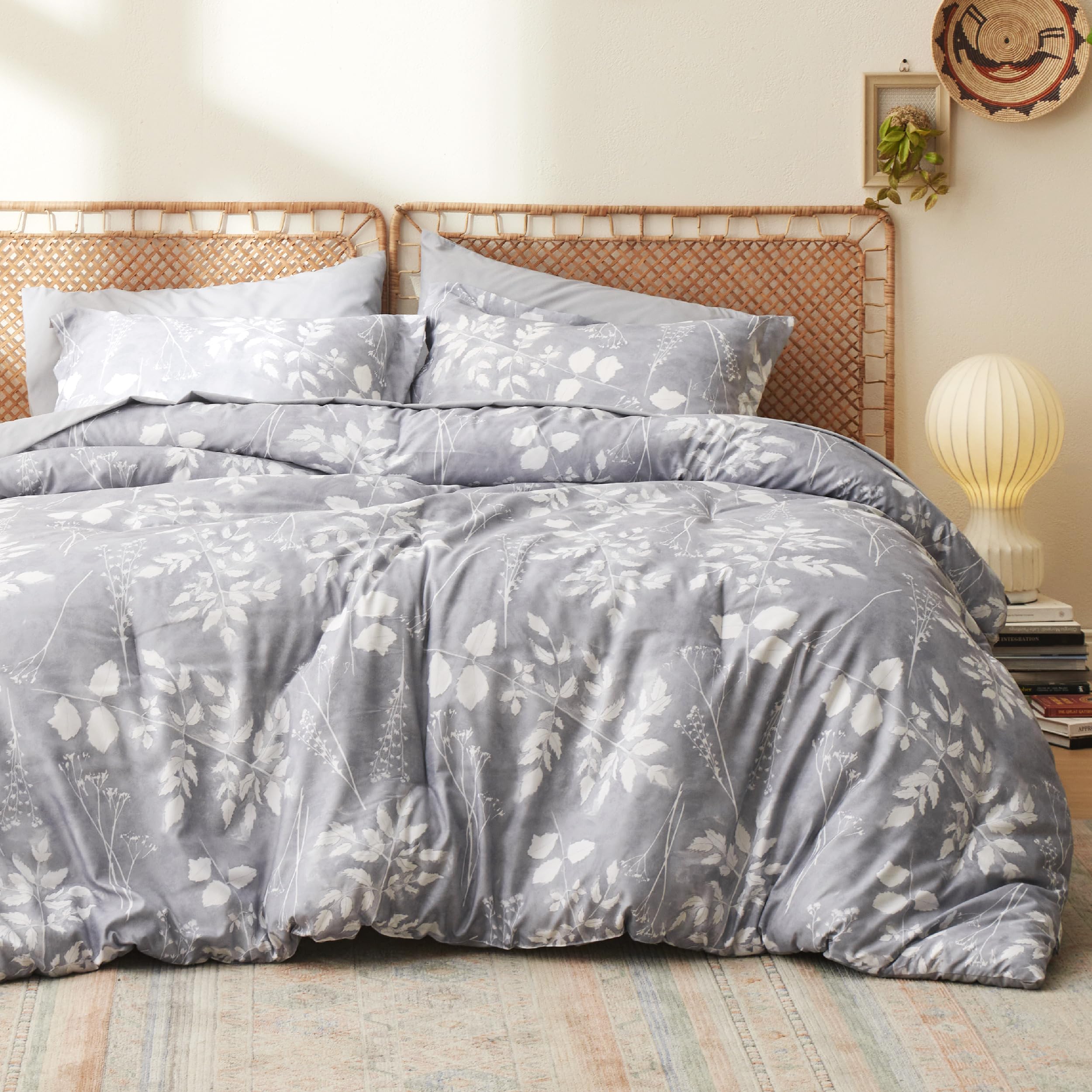 Bedsure Grey Full Comforter Set - 7 Pieces Floral Bedding Sets Full Bed In A Bag With Reversible Botanical Flowers Comforter, Sheets, Pillowcases & Shams